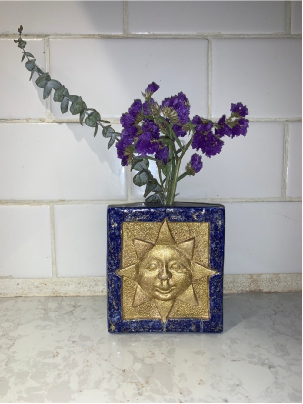 Vintage Blue Gold Sun Face Triangular Vase One Size